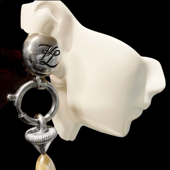 Vintage Karl Lagerfeld silver logo long dangle pearl clip earrings 1980’s runway - Picture 2 of 16